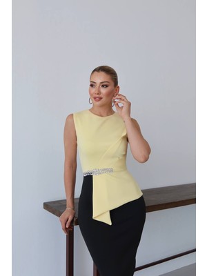 Kadın Asimetrik ve Taş Detay Abiye Elbise