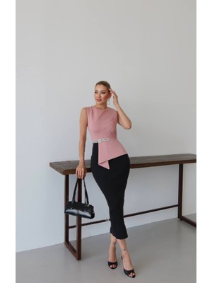 Kadın Asimetrik ve Taş Detay Abiye Elbise