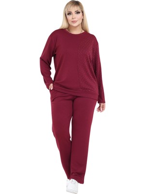 Melsay Butik Bordo Yarım Garni Taşlı Kadın Eşofman Takımı
