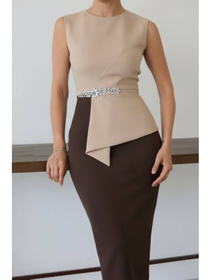 Kadın Asimetrik ve Taş Detay Abiye Elbise