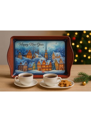 Atagift Hediyelik Happy New Year Kış Kasabası Desenli Küçük Boy 25 X16 cm  Metal Tepsi – Yılbaşı Kahve & Ikram Sunum Tepsisi