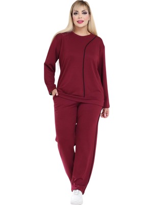 Melsay Butik Büyük Beden Kırmızı Siyah Çizgi Detay Modal Kadın Eşofman Takımı