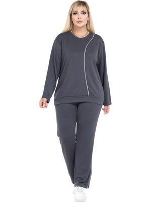 Melsay Butik Büyük Beden Füme Gri Çizgi Detay Modal Kadın Eşofman Takımı