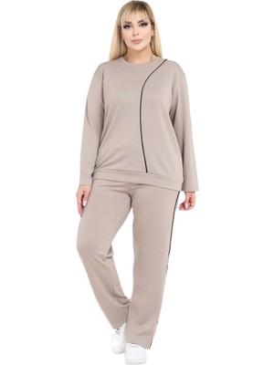 Melsay Butik Büyük Beden Bej Lacivert Çizgi Detay Modal Kadın Eşofman Takımı