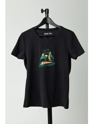 Denim Trip Slim Fit V Yaka Baskılı Siyah Kadın T-shirt