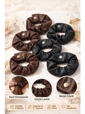 Vi Caro 6 Adet Siyah Kahverengi Deri Görünümlü Scrunchie Toka Kadın Saç Tokası, Lastikli Trend Toka