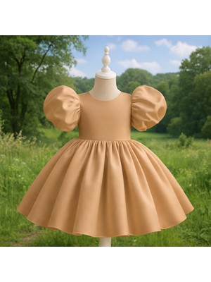 Musgem Özel Tasarım Açık Kahverengi Renk Balon Kol Fiyonk Detaylı Kız Çocuk Abiye Elbise