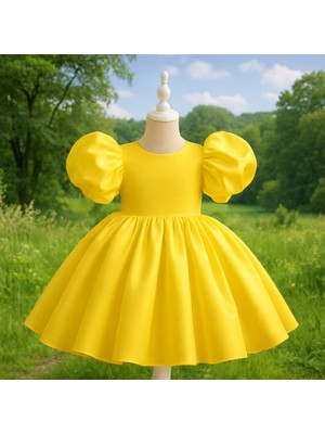 Musgem Özel Tasarım Sarı Renk Balon Kol Fiyonk Detaylı Kız Çocuk Abiye Elbise