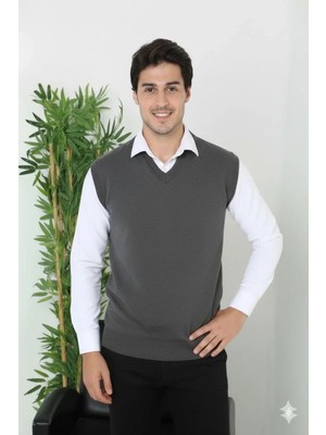 Silerra Erkek V Yaka Kolsuz Süveter Triko Kazak Yumuşak Dokulu Pamuklu Ince Dokuma Rahat Regular Kalıp - Füme