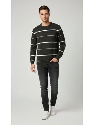 Silerra Erkek Bisiklet Yaka Cizgili Triko Kazak Yumuşak Dokulu Pamuklu Ince Dokuma, Uzun Kollu Rahat Regular Kalıp - Füme