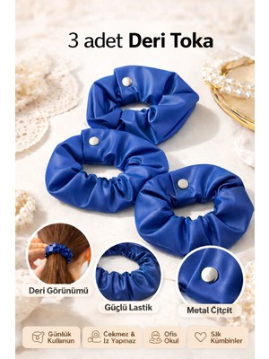 Vi Caro Mavi Deri Görünümlü Scrunchie Toka | Kadın Saç Tokası, Lastikli Çıtçıtlı Şık Trend Toka 3 Adet