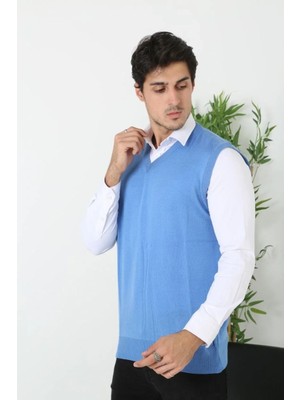 Silerra Erkek V Yaka Kolsuz Süveter Triko Kazak Yumuşak Dokulu Pamuklu Ince Dokuma Rahat Regular Kalıp - Mavi