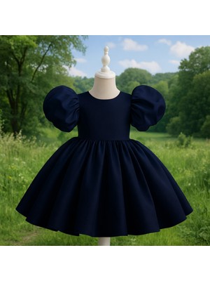 Musgem Özel Tasarım Lacivert Renk Balon Kol Fiyonk Detaylı Kız Çocuk Abiye Elbise