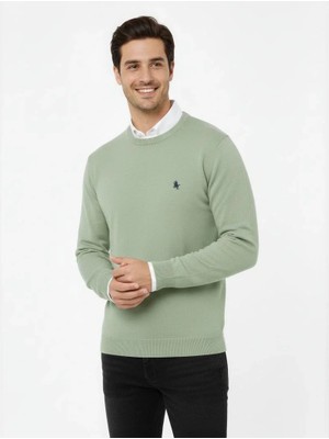 Erkek Bisiklet Yaka Nakış Işlemeli Triko Kazak Yumuşak Dokulu Pamuklu Ince Dokuma, Uzun Kollu Rahat Regular Kalıp - Mint Yeşili