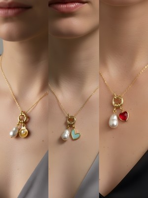 NKT Collection Kırmızı Kalp Midye Turkuaz Kalp İncili Kolye