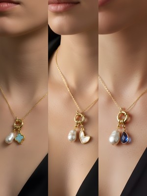 NKT Collection Mavi Damla Beyaz Kalp Turkuaz Yonca İncili Kolye