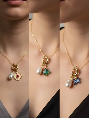 NKT Collection Mavi Kelebek Zümrüt Yeşili Yıldız Ay Güneş İncili Kolye