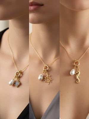 NKT Collection Deniz Atı Güneş Siyah Yonca İncili Kolye