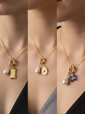 NKT Collection Mavi Kelebek Kabartma Kalp Külçe Altın İncili Kolye