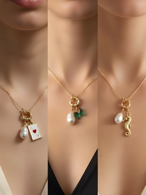 NKT Collection Deniz Atı Zümrüt Yeşili Kelebek Kupa As İncili Kolye