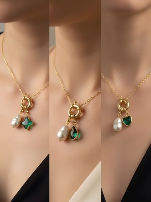 NKT Collection Zümrüt Yeşili Kalp Zümrüt Yeşili Damla Zümrüt Yeşili Yıldız İncili Kolye