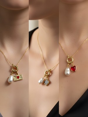 NKT Collection Kırmızı Kalp Siyah Yonca Kalpli Zarf İncili Kolye