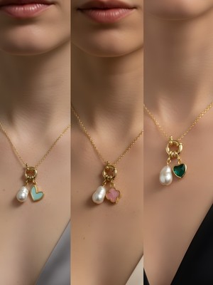 NKT Collection Zümrüt Yeşili Kalp Pembe Yonca Turkuaz Kalp İncili Kolye