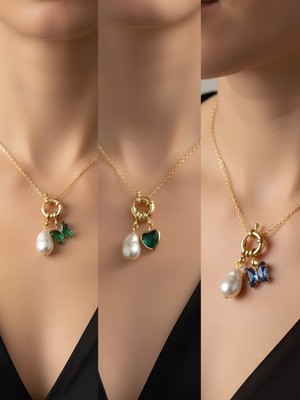NKT Collection Zümrüt Yeşili Kalp Mavi Kelebek Zümrüt Yeşili Kelebek İncili Kolye