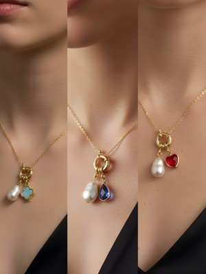 NKT Collection Kırmızı Kalp Mavi Damla Turkuaz Yonca İncili Kolye