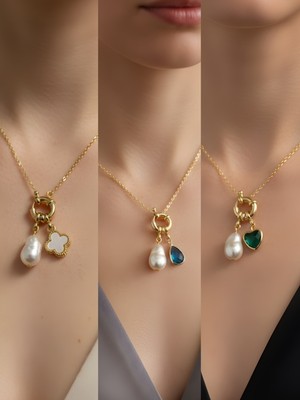 NKT Collection Zümrüt Yeşili Kalp Turkuaz Damla Beyaz Yonca İncili Kolye