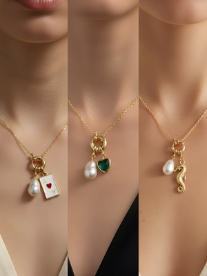 NKT Collection Deniz Atı Zümrüt Yeşili Kalp Kupa As İncili Kolye