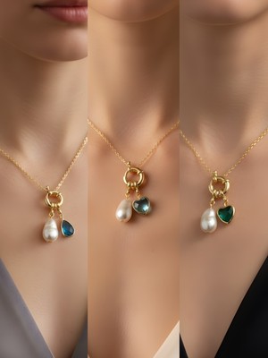 NKT Collection Zümrüt Yeşili Kalp Turkuaz Kalp Turkuaz Damla İncili Kolye