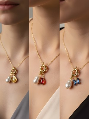 NKT Collection Mavi Kelebek Kırmızı Damla Midye İncili Kolye