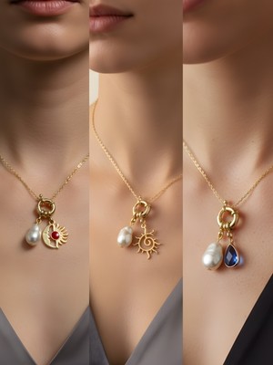 NKT Collection Mavi Damla Güneş Ay Güneş İncili Kolye