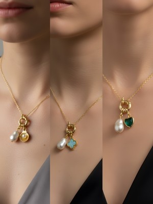 NKT Collection Zümrüt Yeşili Kalp Turkuaz Yonca Midye İncili Kolye