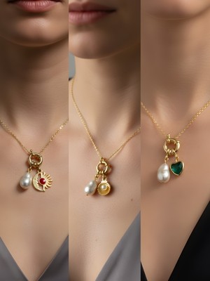 NKT Collection Zümrüt Yeşili Kalp Midye Ay Güneş İncili Kolye