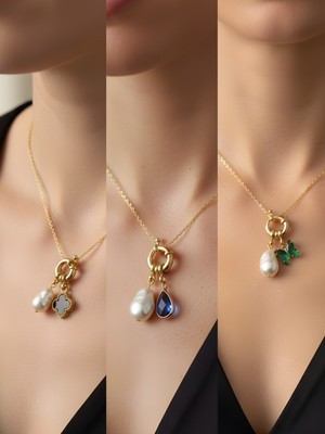 NKT Collection Mavi Damla Zümrüt Yeşili Kelebek Siyah Yonca İncili Kolye