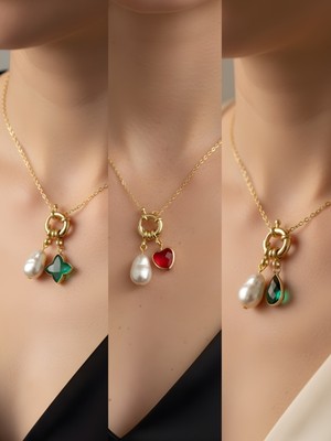 NKT Collection Kırmızı Kalp Zümrüt Yeşili Damla Zümrüt Yeşili Yıldız İncili Kolye