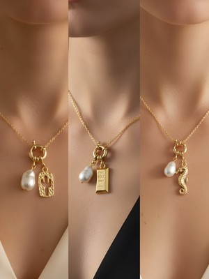 NKT Collection Deniz Atı Kaktüs Külçe Altın İncili Kolye