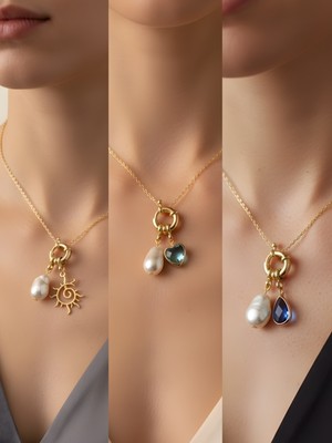 NKT Collection Mavi Damla Turkuaz Kalp Güneş İncili Kolye