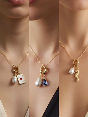 NKT Collection Deniz Atı Mavi Damla Kupa As İncili Kolye