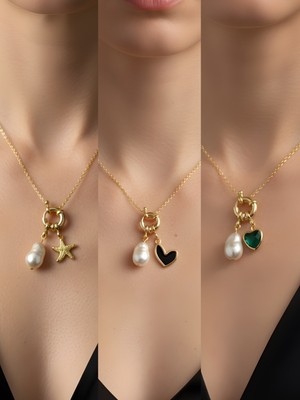 NKT Collection Zümrüt Yeşili Kalp Siyah Kalp Deniz Yıldızı İncili Kolye