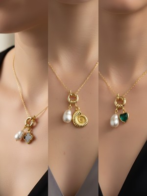 NKT Collection Zümrüt Yeşili Kalp Deniz Kabuğu Siyah Yonca Incili Kolye