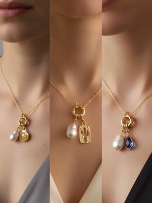 NKT Collection Mavi Damla Kaktüs Midye Incili Kolye