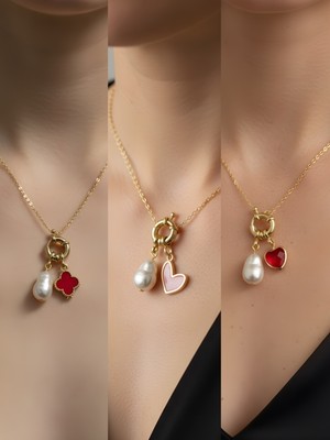 NKT Collection Kırmızı Kalp Pembe Kalp Kırmızı Yonca Incili Kolye