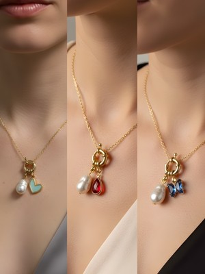 NKT Collection Mavi Kelebek Kırmızı Damla Turkuaz Kalp Incili Kolye