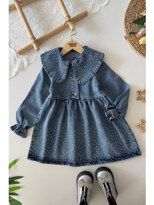 Miniğimin Cicileri Taş Detaylı Kız Çocuk Kot Elbise - Koyu Mavi