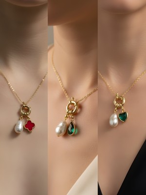 NKT Collection Zümrüt Yeşili Kalp Zümrüt Yeşili Damla Kırmızı Yonca Incili Kolye