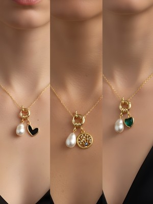 NKT Collection Zümrüt Yeşili Kalp Hayat Ağacı Siyah Kalp Incili Kolye