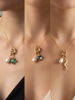 NKT Collection Deniz Atı Turkuaz Kalp Zümrüt Yeşili Yıldız Incili Kolye